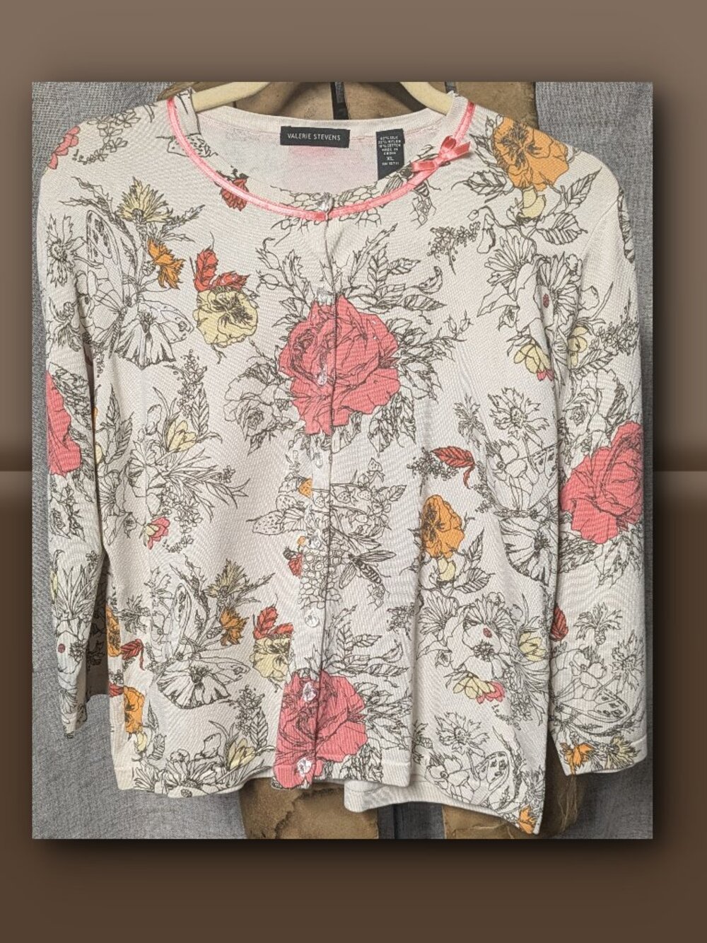 Valerie Stevens XL Silk Cardigan Botanical Sketch Floral Rhinestone Sweater Y2K